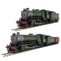 Fototapeta premium Model Train Set Two Detailed Steam Locomotives on Tracks on transparent background