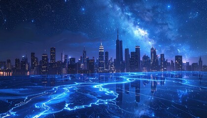 A futuristic cityscape at night, bathed in vibrant blue light and starlit sky, showcasing a reflection of the buildings on a placid water surface.