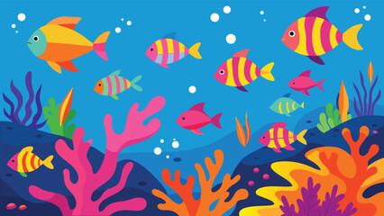 Vibrant coral reef scene with colorful tropical fish illustration vector art