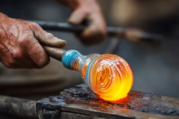 A man is working on a glass object, heating it up with a blowtorch