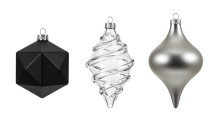 Black silver and transparent Christmas tree ornaments with modern geometric and spiral designs perfect for holiday decoration