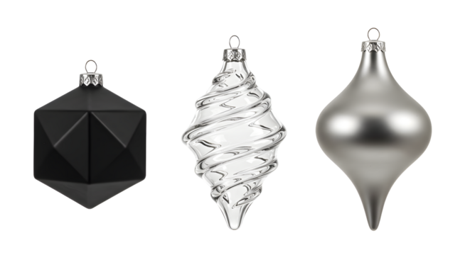 Black silver and transparent Christmas tree ornaments with modern geometric and spiral designs perfect for holiday decoration
