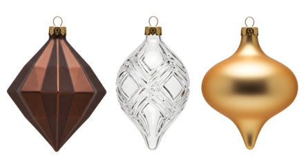 Set of three elegant Christmas ornaments in brown, clear, and gold glass with unique geometric and teardrop shapes, perfect for holiday d?cor