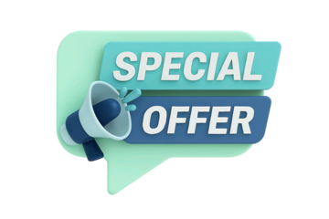 3d illustration of a speech bubble with the words special offer and a megaphone isolated on transparent background
