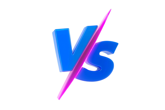 Bold blue and pink versus symbol with a diagonal slash isolated on transparent background