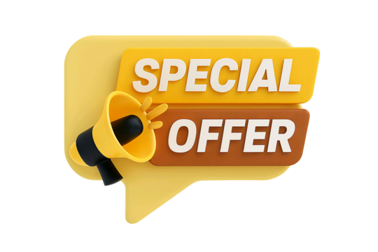 3d illustration of a yellow speech bubble with a megaphone announcing a special offer isolated on transparent background - Powered by Adobe