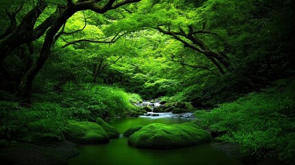 Obraz premium Lush greenery surrounds a serene stream, with moss-covered rocks adding tranquility, This image can be used for nature-themed projects, wellness promotions, or environmental awareness materials,