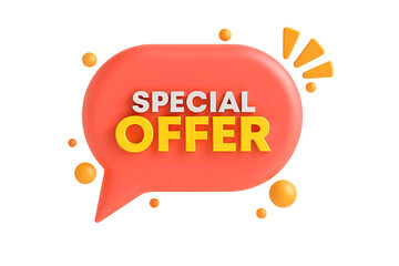 3d orange speech bubble with special offer text and small yellow dots isolated on transparent background