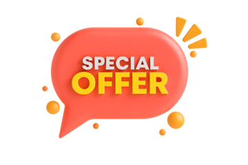 3d orange speech bubble with special offer text and small yellow dots isolated on transparent background