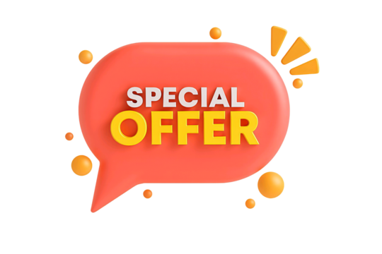 3d orange speech bubble with special offer text and small yellow dots isolated on transparent background