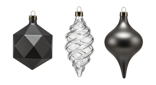 Set of three stylish black and silver Christmas tree ornaments with geometric and swirl designs, perfect for holiday decoration and festive celebrations