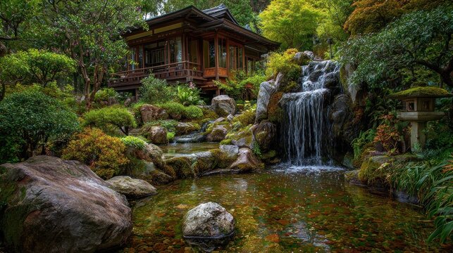 A serene japanese garden featuring a traditional wooden house nestled amidst lush greenery and a tranquil waterfall cascading into a pond
