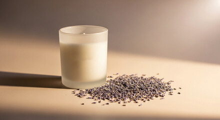 Photo of a frosted glass candle sits beside a pile of dried lavender buds on a neutral surface