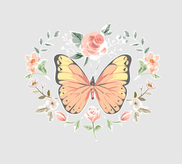 butterfly in colorful flowers wreath frame vector illustration - drawn by hand