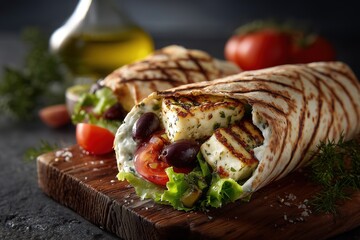 Greek-style halloumi burrito wrap with tzatziki and olives in bright modern kitchen setting