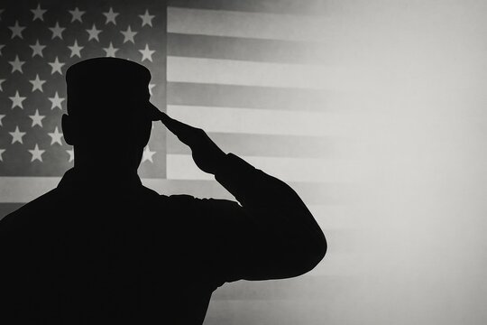 silhouette of soldier saluting in front of american flag with patriotic and somber mood