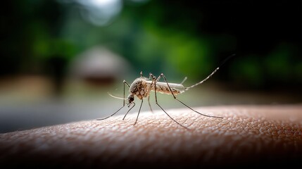 A close-up of a mosquito landing on human skin, showcasing its delicate features, Ideal for topics on insects, pest control, disease prevention, or environmental health awareness,