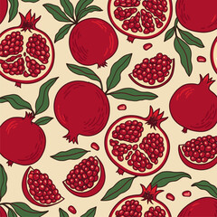 Seamless Pomegranate Pattern: Juicy Red Fruit and Leaves Illustration