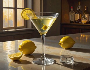 A meticulously detailed martini glass, brimming with a light yellow liquid, garnished with lemon slice and green olives, sits on a marble countertop with two whole lemons and an ice cube.