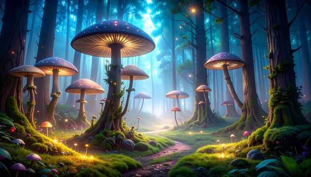 A mystical forest scene with glowing mushrooms and a winding path, shrouded in ethereal light - Powered by Adobe