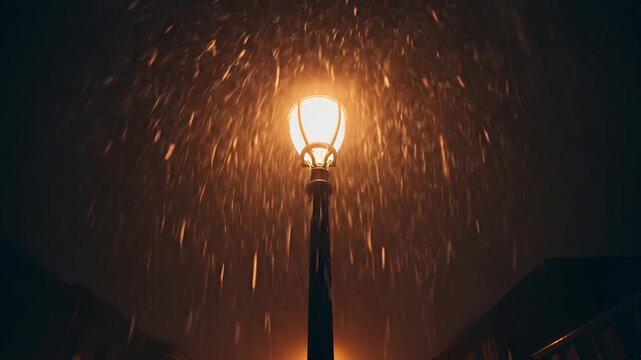 A glowing vintage street lamp brightly illuminates falling snow on a dark, atmospheric night.