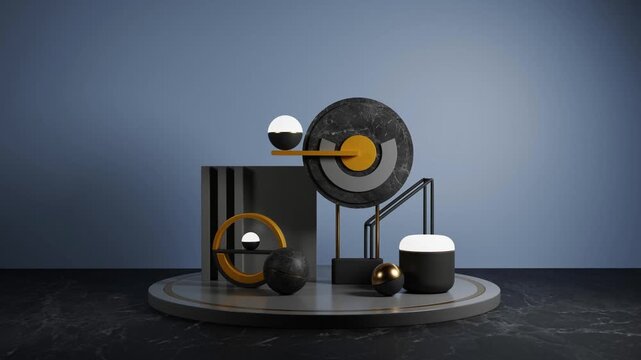 Looping minimalist animation of a glowing ball jumping on a moving mechanism, a pendulum.
3D scene with geometric shapes for product design. 3D rendering.