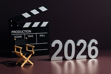 director's chair and clapperboard with 2026 numbers against a dark cinematic backdrop