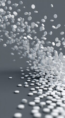 White pharmaceutical pills scattered on reflective surface, medicine tablets floating and falling, healthcare medication background, medical capsules in motion with depth of field
