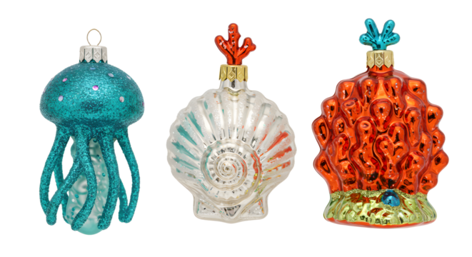 Colorful glass Christmas ornaments shaped like a jellyfish, a seashell, and coral reef, perfect for unique holiday decorations