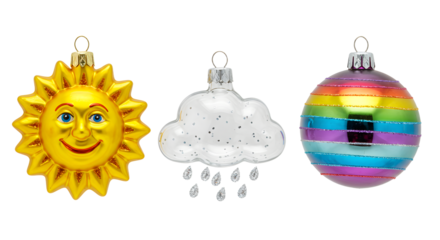 Colorful Christmas tree ornaments shaped like a sun, rain cloud with raindrops, and a rainbow-striped ball, perfect for festive holiday decoration