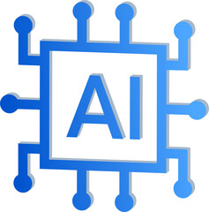 3D Blue AI Microchip Icon Isolated on Transparent Background