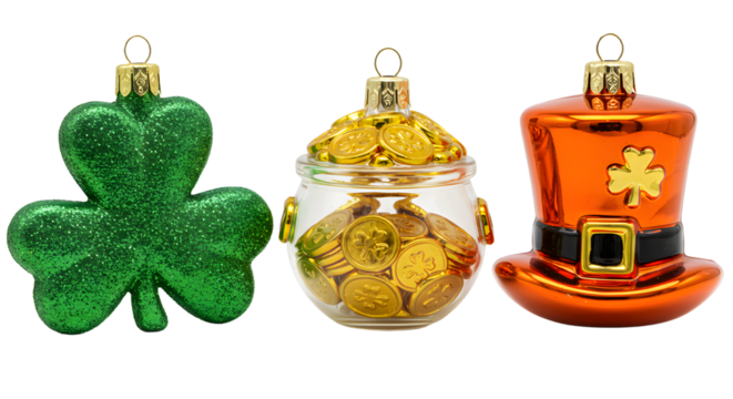 St. Patrick's Day decorations including a green shamrock, a jar of gold coins, and an orange leprechaun hat, perfect for festive holiday celebrations