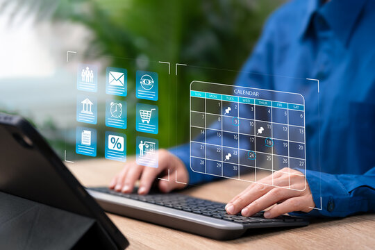 Time Management Concept, Businesswoman Calendar Scheduling Tasks, Financial Expense Planning, Tax and Payroll Management, Meeting Schedule, Productivity Strategy, Corporate Workflow, Business Planning