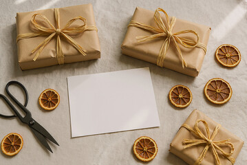 Fototapeta premium top view of gift boxes with dried oranges on linen fabric creating a cozy holiday atmosphere