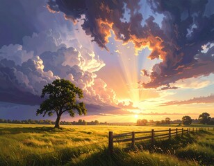 A serene, golden sunset paints a tranquil, grassy field with a solitary tree and a wooden fence, bathed in the warm glow of the setting sun and dramatic clouds.