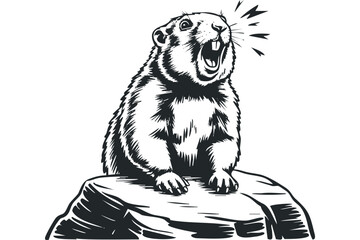 Obraz premium Groundhog animal sitting on rock loudly vocalizing. Vector hand drawn illustration