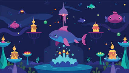 Naklejka premium Whimsical underwater forest with tall glowing bioluminescent flora and fauna