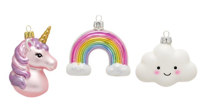 Colorful unicorn, rainbow, and smiling cloud Christmas ornaments on white background, perfect for festive holiday decoration