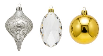 Three shiny Christmas ornaments ? silver teardrop, clear faceted, and gold ball decorations perfect for holiday d?cor and festive celebrations