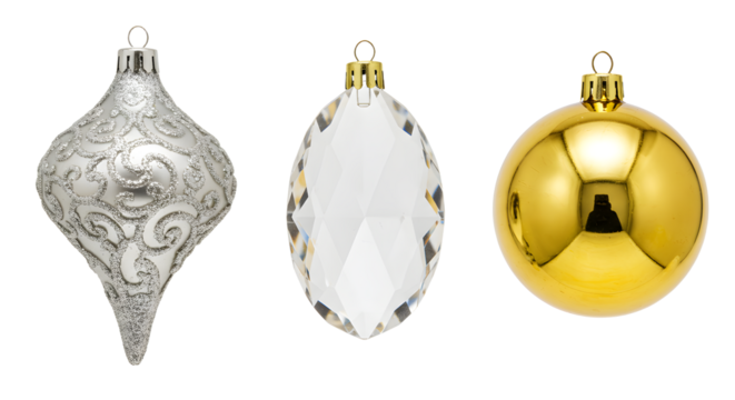 Three shiny Christmas ornaments ? silver teardrop, clear faceted, and gold ball decorations perfect for holiday d?cor and festive celebrations