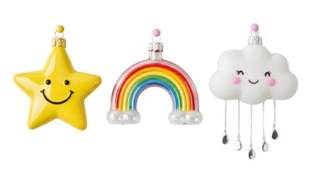 Cute colorful star, rainbow, and cloud hanging ornaments with smiling faces, perfect for nursery decor or kids' room decoration