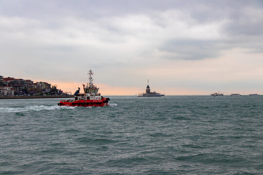 Istanbul - Turkey:19 April 2022. Coastal Safety boat in the Bosphorus. Sunset time