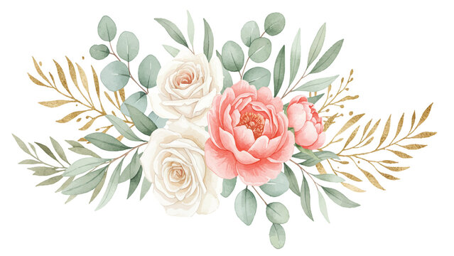 Watercolor Pink Peonies and White Roses Gold Eucalyptus Floral Arrangement