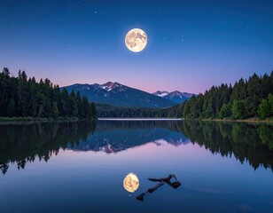 A serene lake reflects a luminous full moon, nestled amidst towering mountains under a starry night sky.