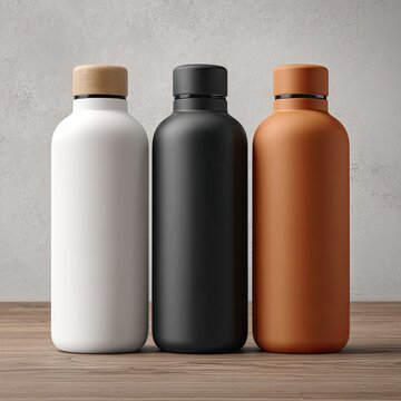 Three matte-finish bottles in white, black, and terracotta orange sit side-by-side on a wooden surface against a textured gray wall