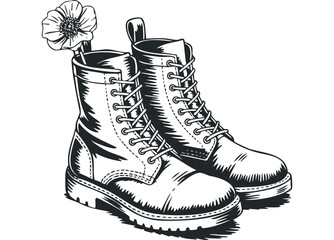 Black combat boots with flower on transparent background. Vector hand drawn illustration