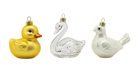 Gold duck and white swan and bird Christmas ornaments on white background, perfect for holiday decoration and festive celebrations