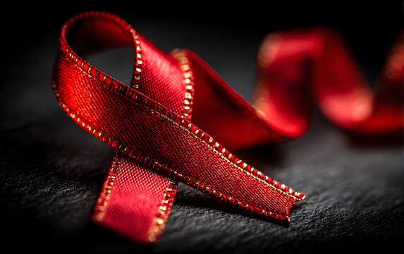 Closeup red ribbon HIV, world AIDS day awareness ribbon on black background. Healthcare and medicine concept.