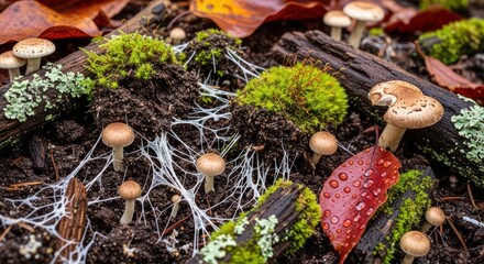 Mushrooms with moss, autumn leaf and mycelium in a forest ground