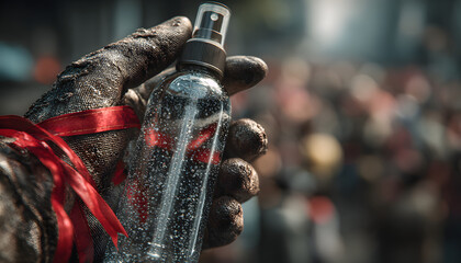 Disinfectant spray in gloved hand with red ribbon, World AIDS Day health awareness